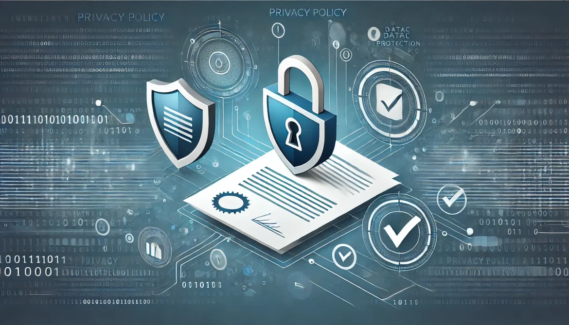 DALL·E 2024-06-18 22.50.54 – A digital illustration representing a Privacy Policy page in landscape mode. The image features a secure lock symbol, a document icon, and abstract re Privacy Policy